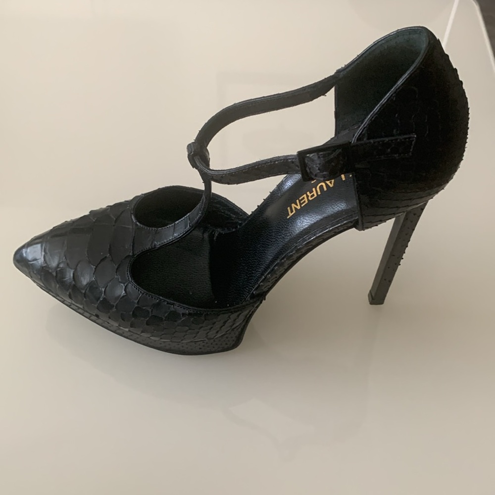 Saint Laurent Black Snake Skin T Strap Heels